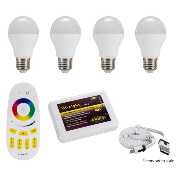 Smart Light Bundle with Four LED Bulbs Remote 4-Zone Wi-Fi Controller