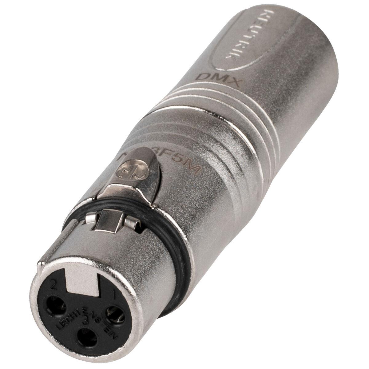 thumbnail image 2 of Monoprice Xlr Adapter Monoprice 3-Pin Male To 5-Pin Female DMX Converter - Silver, Anodized Aluminum Adapter With Lock Release Button 5 Pin Dmx 2 of 9