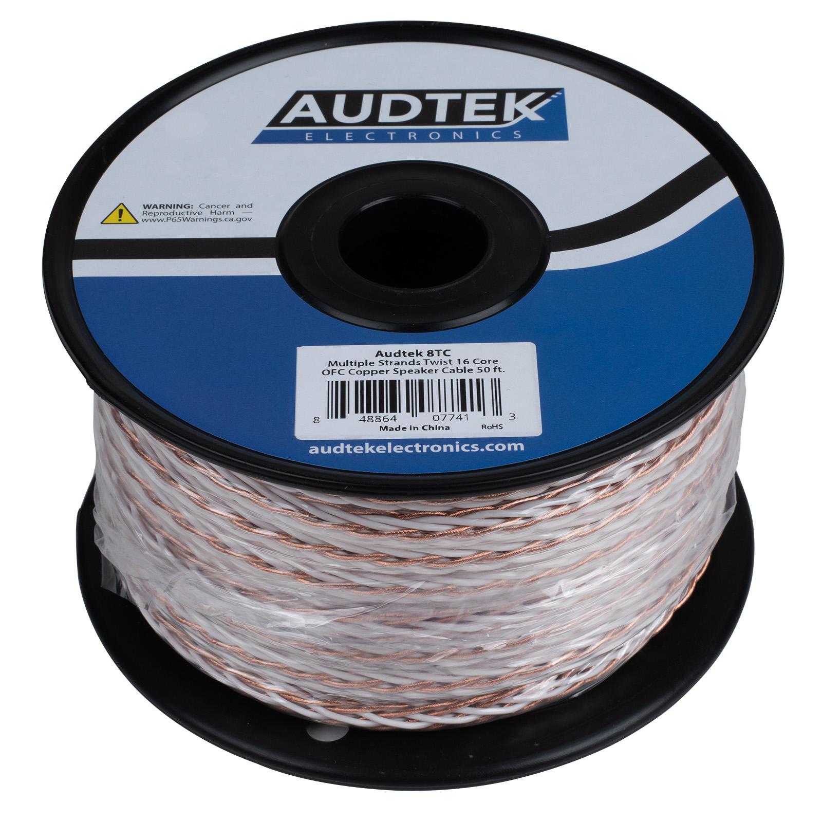 Audtek Pure Copper Audiophile-Grade 16 Core Interlaced Braided OFC Hi-Fi Speaker Wire 11 AWG 50 ft.