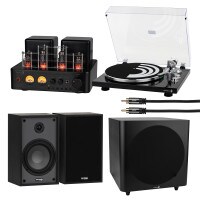 Dayton Audio Premium Vinyl Listening Bundle with 10&quot; Subwoofer: Classic B65 Bookshelf Speakers, HTA100 Amplifier, Black Turntable
