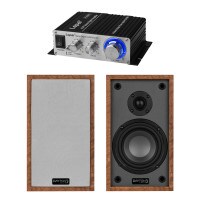 4&quot; 2-Way Hi-Fi Bookshelf Speaker Pair and Mini Amplifier Bundle, Wood