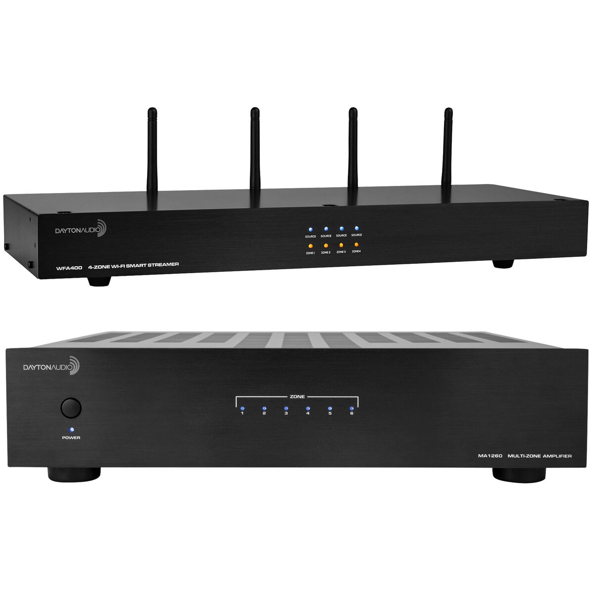 Dayton Audio MA1260 Multi-Zone 12 Ch. 60 WPC Amplifier  WFA400 4-Zone  Wi-Fi Audio Receiver Bundle