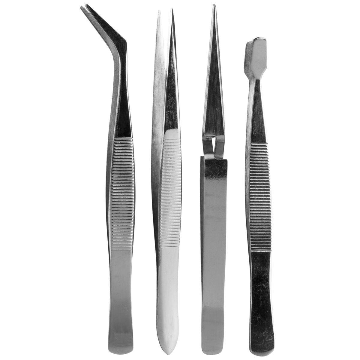 4pc Hobby Tweezer Set in Pouch, Length: 4-5/8 & 4-1-4, Stainless Steel 