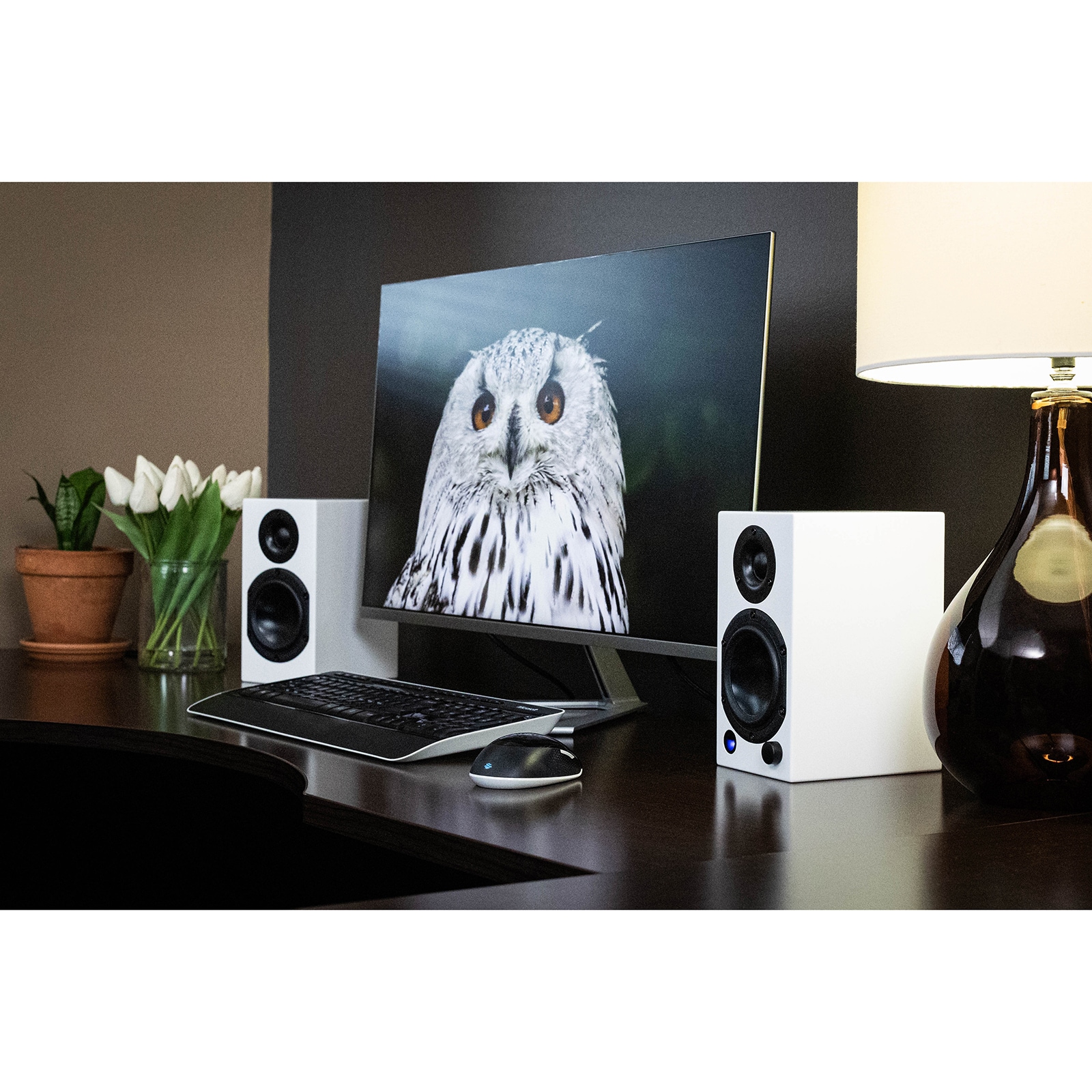 Lifestyle image of the M-Series white speaker next to a computer monitor