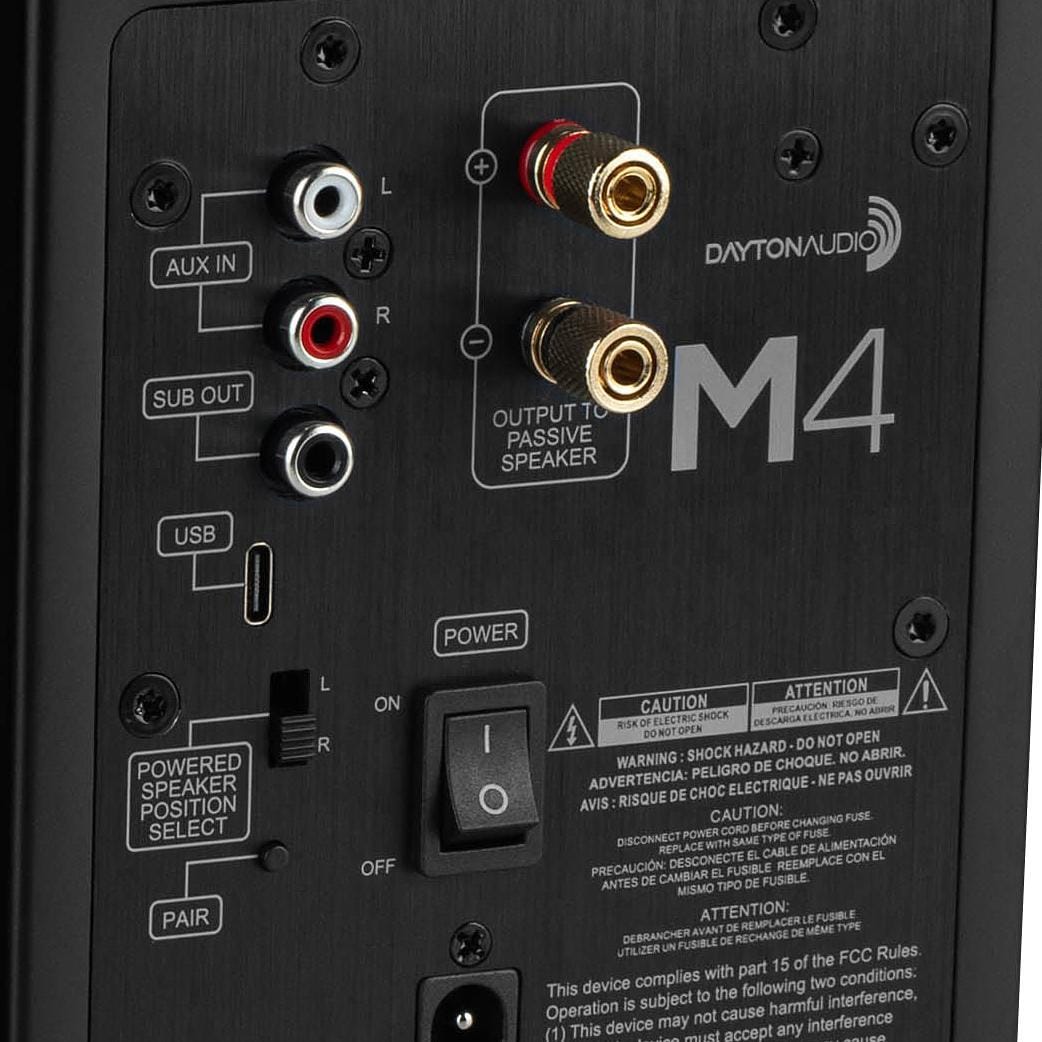Close up of the back panel on the Dayton Audio M4 speaker.