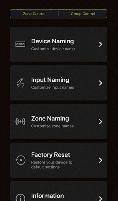 Zone control screen of Matrio showing volume, balance, tone, and inputs