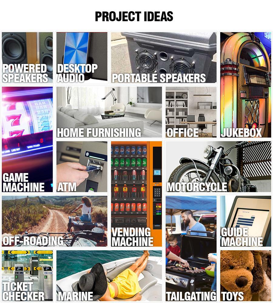 Example images for realistic applications of the product, labeled Project Ideas. Meant to prompt thought on how the product can be used rather than directly show it in-use.