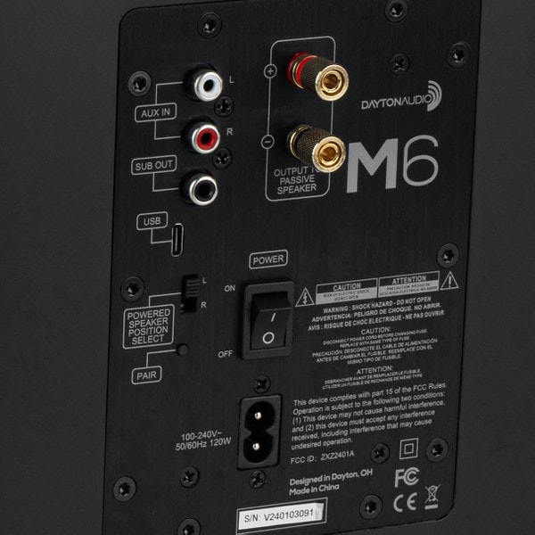 Close up of the back panel on the Dayton Audio M4 speaker.