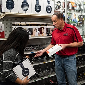 Examing products in the Parts Express showroom store at our location in Springboro, Ohio.