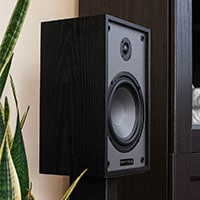 Bookshelf speaker on a shelf.