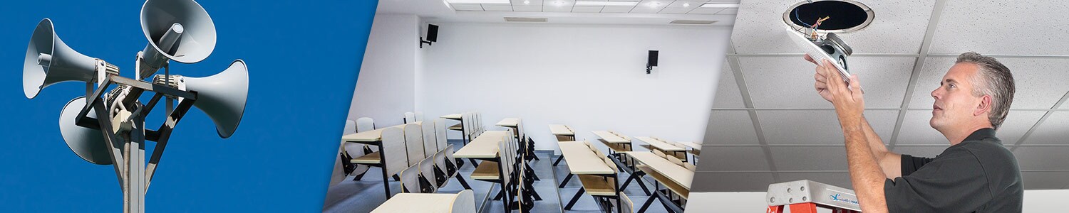 Header image depicting in sequence 4 horn loudspeakers in an array on top of a pole, an empty classroom with speakers mounted onto the wall, and a professional installer working on a ceiling speaker.
