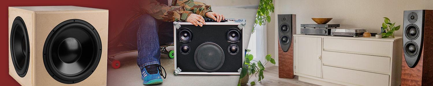 Header image depicting in sequence a assembled but unfinished subwoofer kit, a finished portable bluetooth speaker kit, and a pair of finished floor-standing speakers built from a kit.