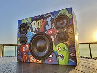Cover image for Custom Painted Blast Box project. A Blast Box Portable Bluetooth Speaker with a custom design handmade with oil paints featuring colorful creatures.