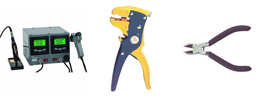 Soldering & Desoldering station and hand tools including a wire stripper and wire cutter.