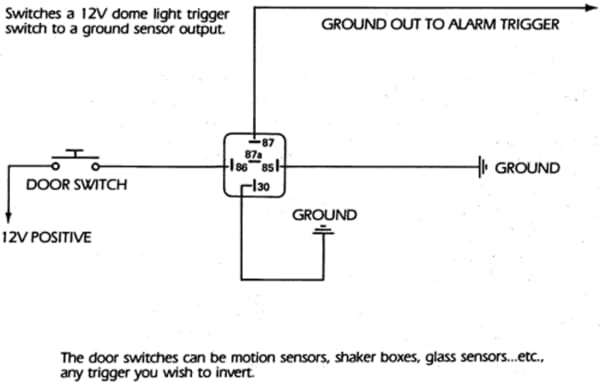 Diagram 2 shown. The door switches can be motion sensors, shaker boxes, glass sensors…etc., any trigger you wish to invert.