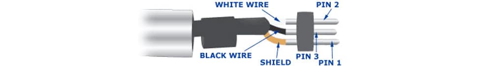Diagram image showing a white wire connecting to pin 2, a black wire to pin 3, and a shield wire to pin 1.